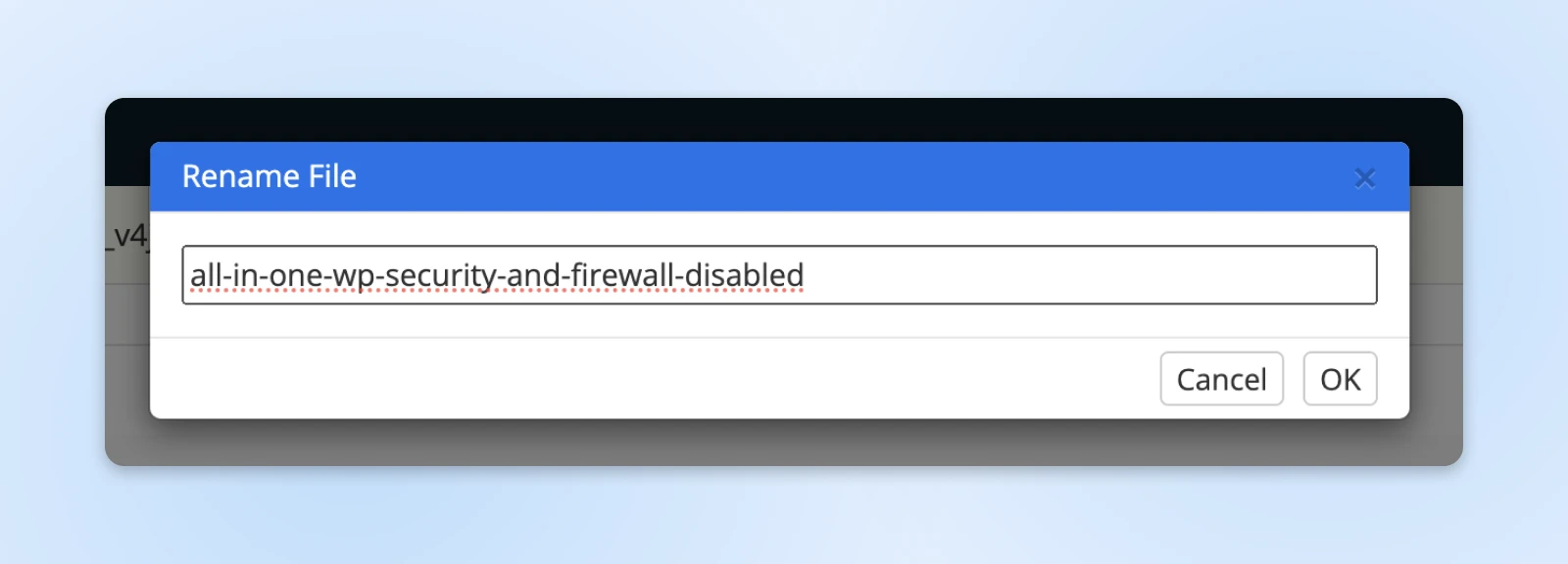 Dialog box to rename a file, with "all-in-one-wp-security-and-firewall-disabled" entered as the new filename.
