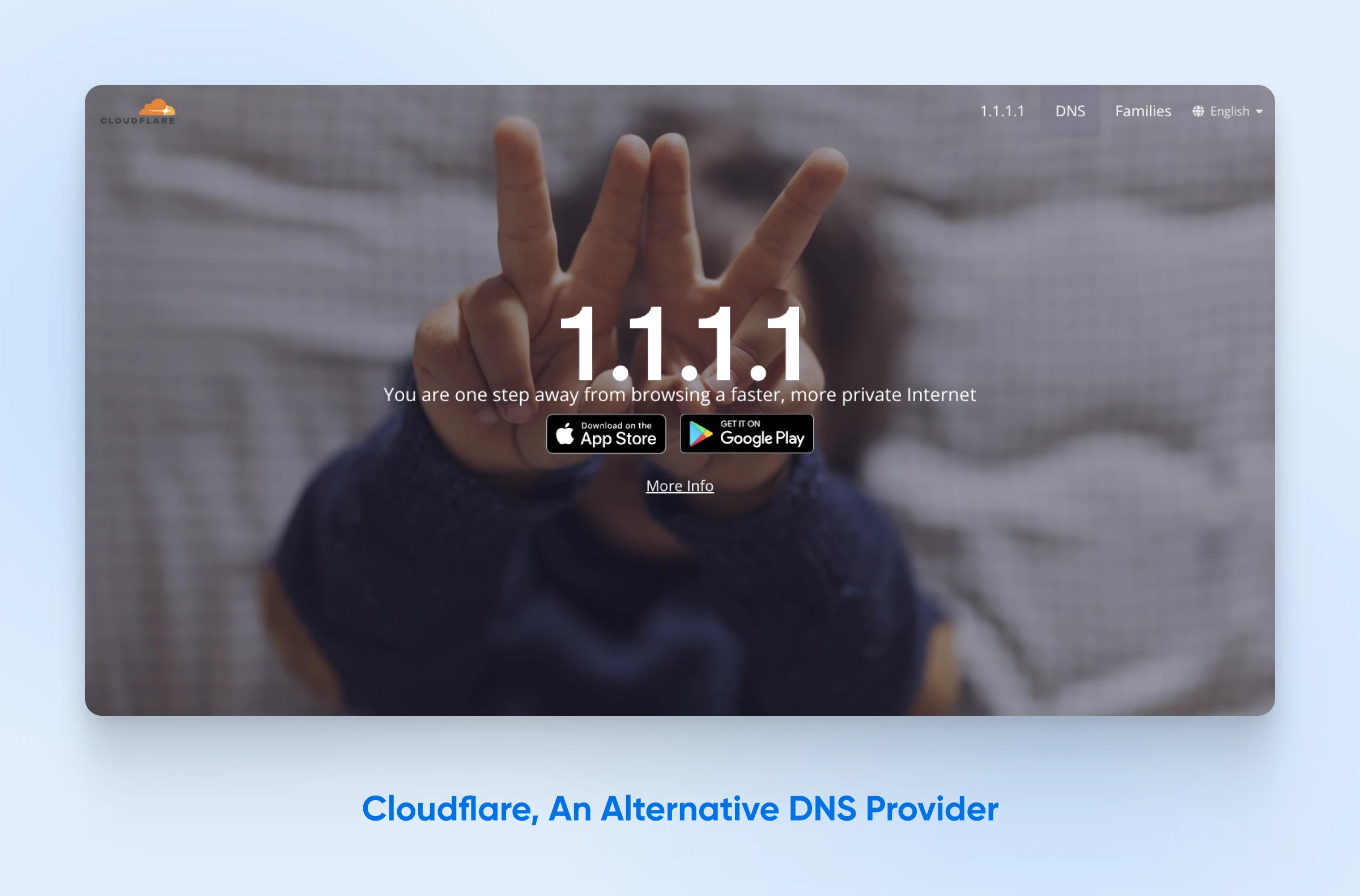 Webpage for Cloudflare DNS service showing '1.1.1.1'. Background: blurred image of hand showing four fingers.