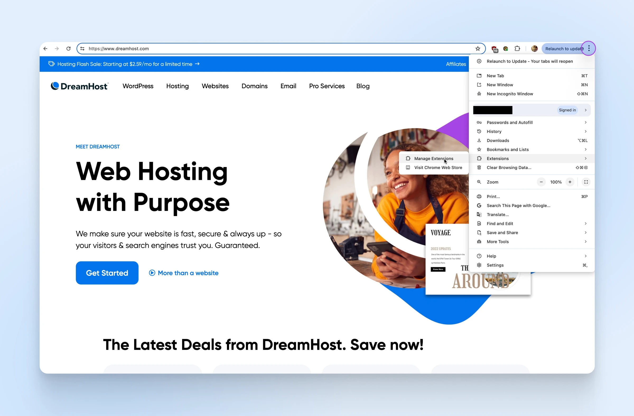 On the DreamHost homepage, a purple circle surrounds the three vertical dots to click in the upper right corner.