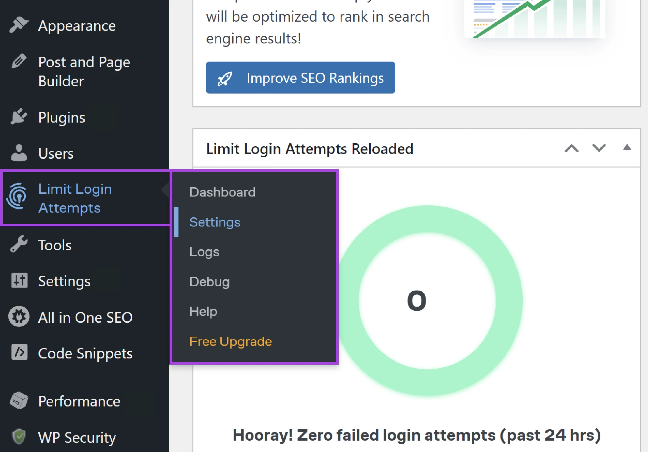 "Limit Login Attempts" highlighted on the WP Admin dashboard with "Settings" selected from the drop-down menu.