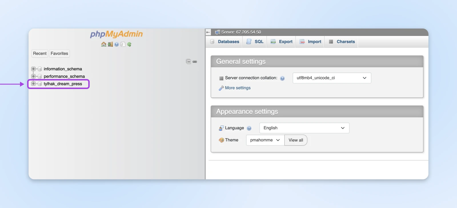 phpMyAdmin interface showing the selected "tylhak_dream_press" database and various table names in the left sidebar.