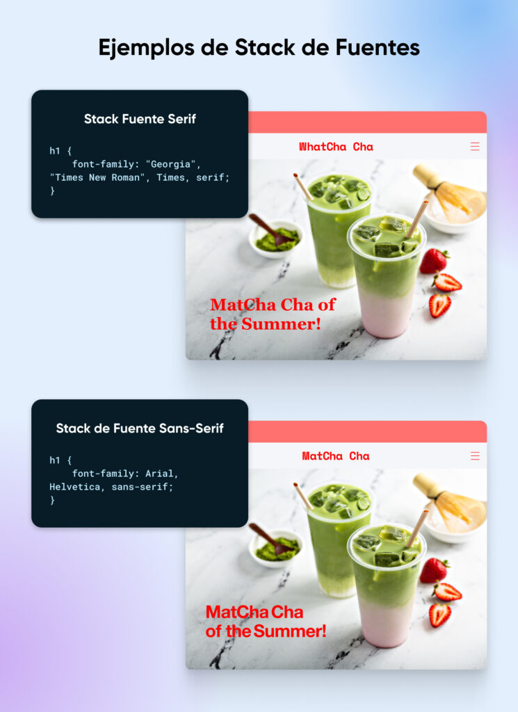 Ejemplos de código de pilas de fuentes serif y sans-serif junto a imágenes de bebidas matcha con el texto "¡MatCha Cha of the Summer!"