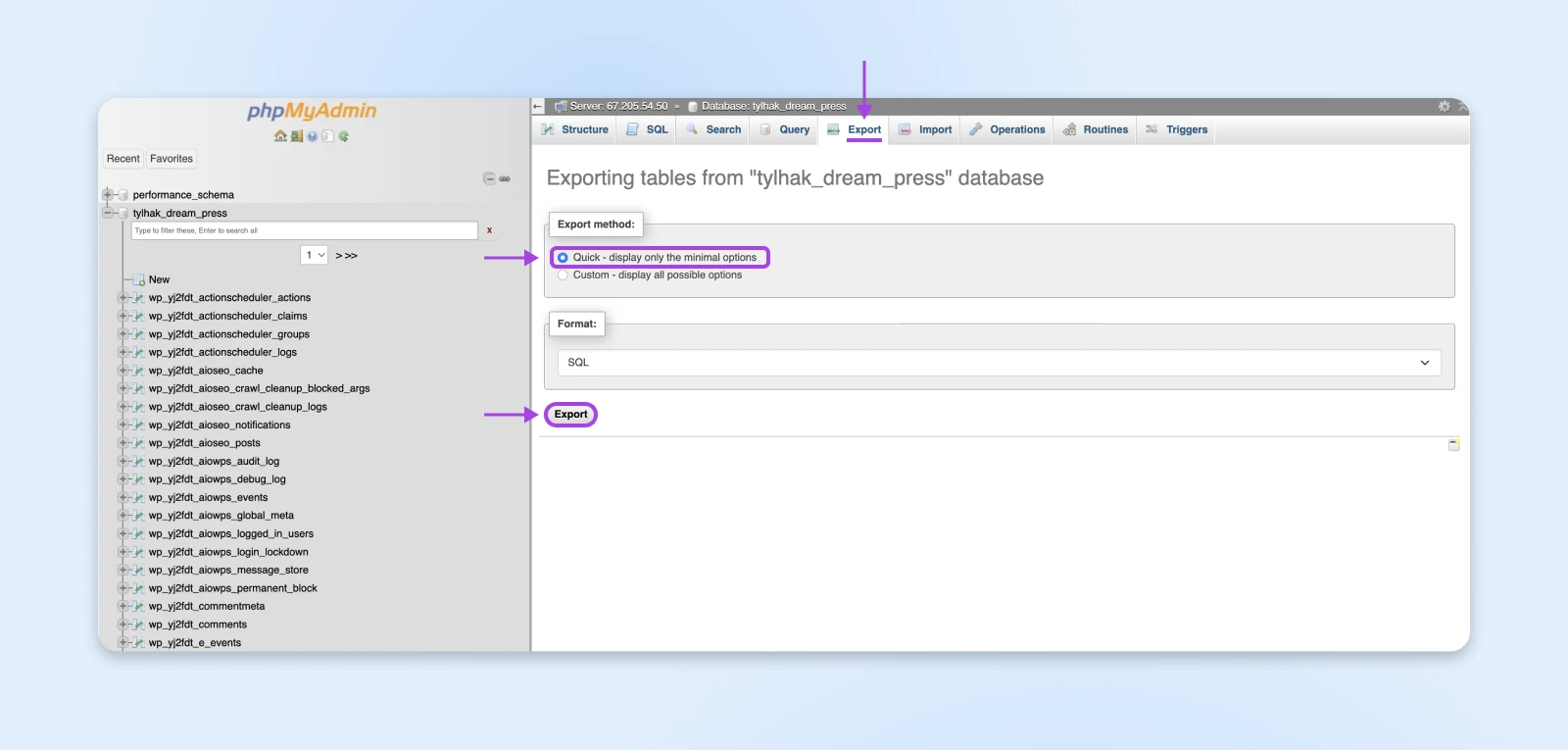 phpMyAdmin interface with the "Quick - display only the minimal options" checkbox selected and the "Export" tab highlighted.