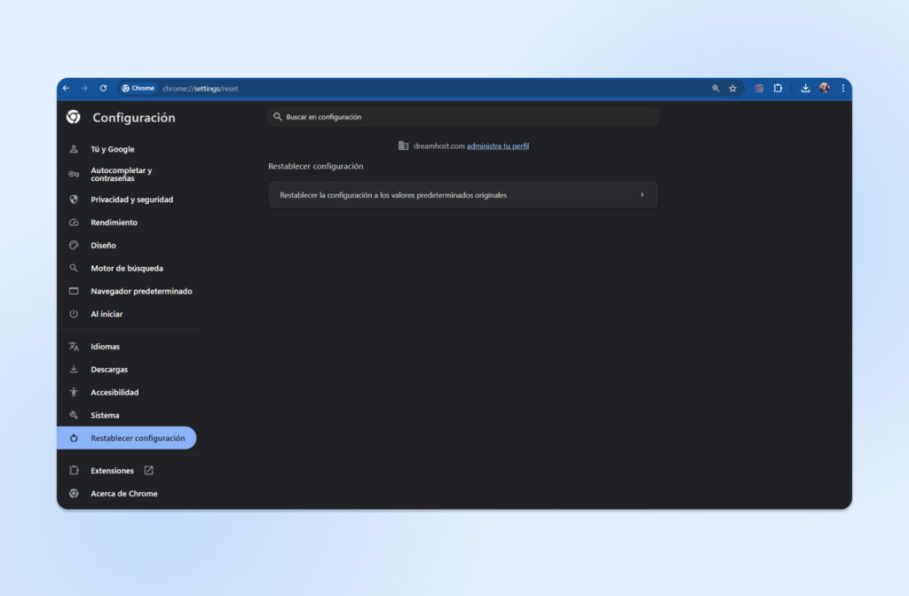 La página Configuración > Restablecer configuración ofrece un solo botón para "Restaurar la configuración a sus valores predeterminados originales".