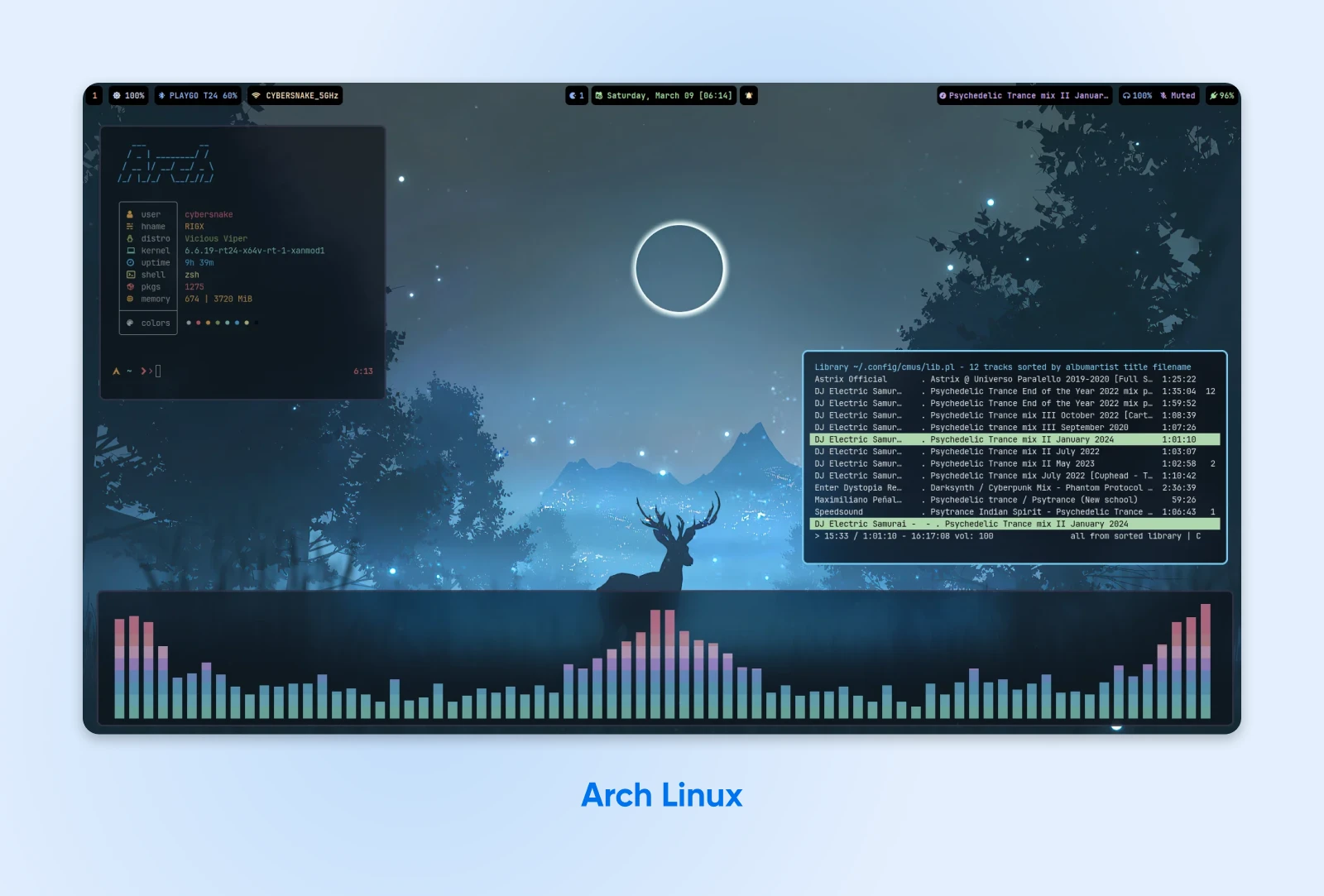 Arch Linux desktop with a music player shows a tracklist of trance mixes against a night sky backdrop with a deer silhouette.