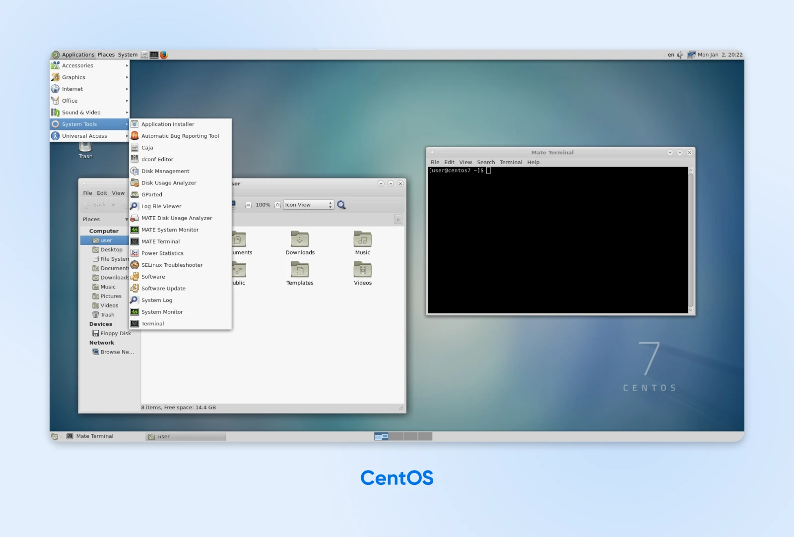 The GNOME desktop on CentOS Linux, showing the file manager, terminal, and desktop icons and widgets.