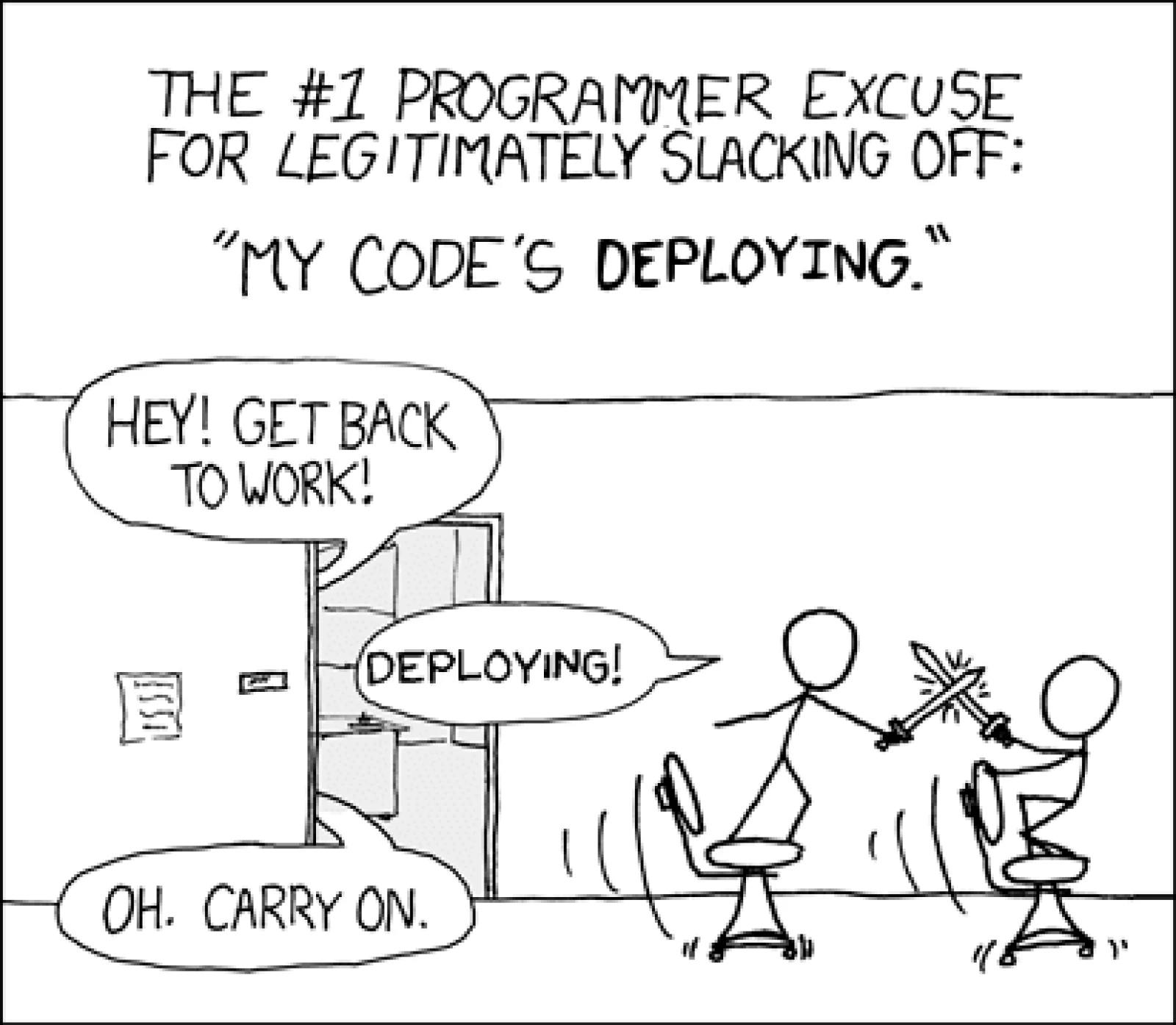 Cartoon showing a programmer slacking off, with their boss telling them to get back to work as their code is deploying.