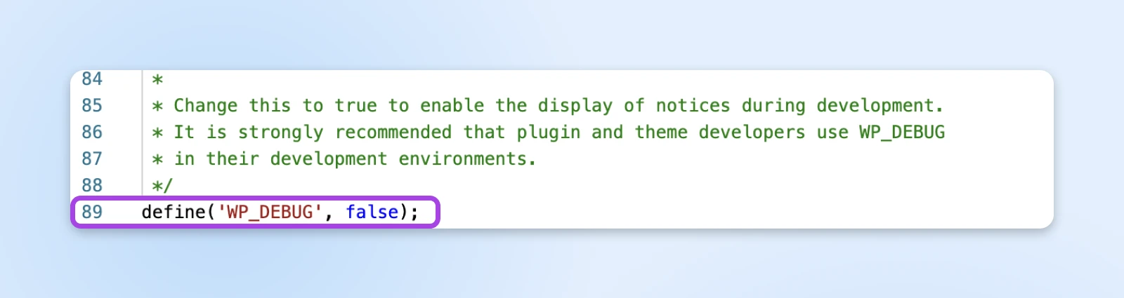 WordPress configuration file snippet with the the WP_DEBUG constant set to false on line 89.