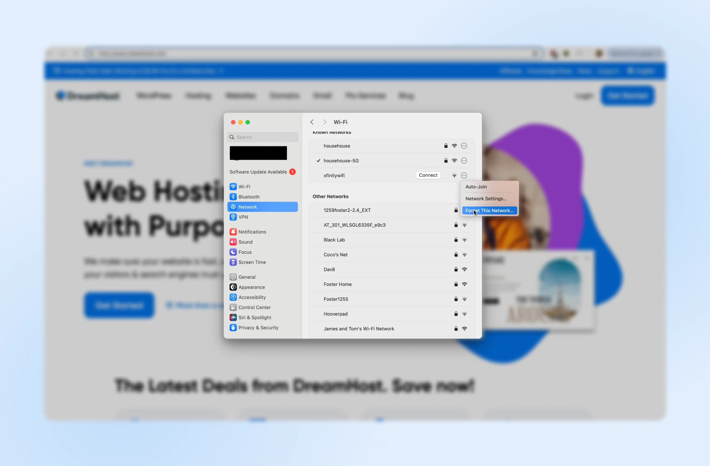 A dialogue box appears over the DreamHost homepage. Click Network and then Forget This Network