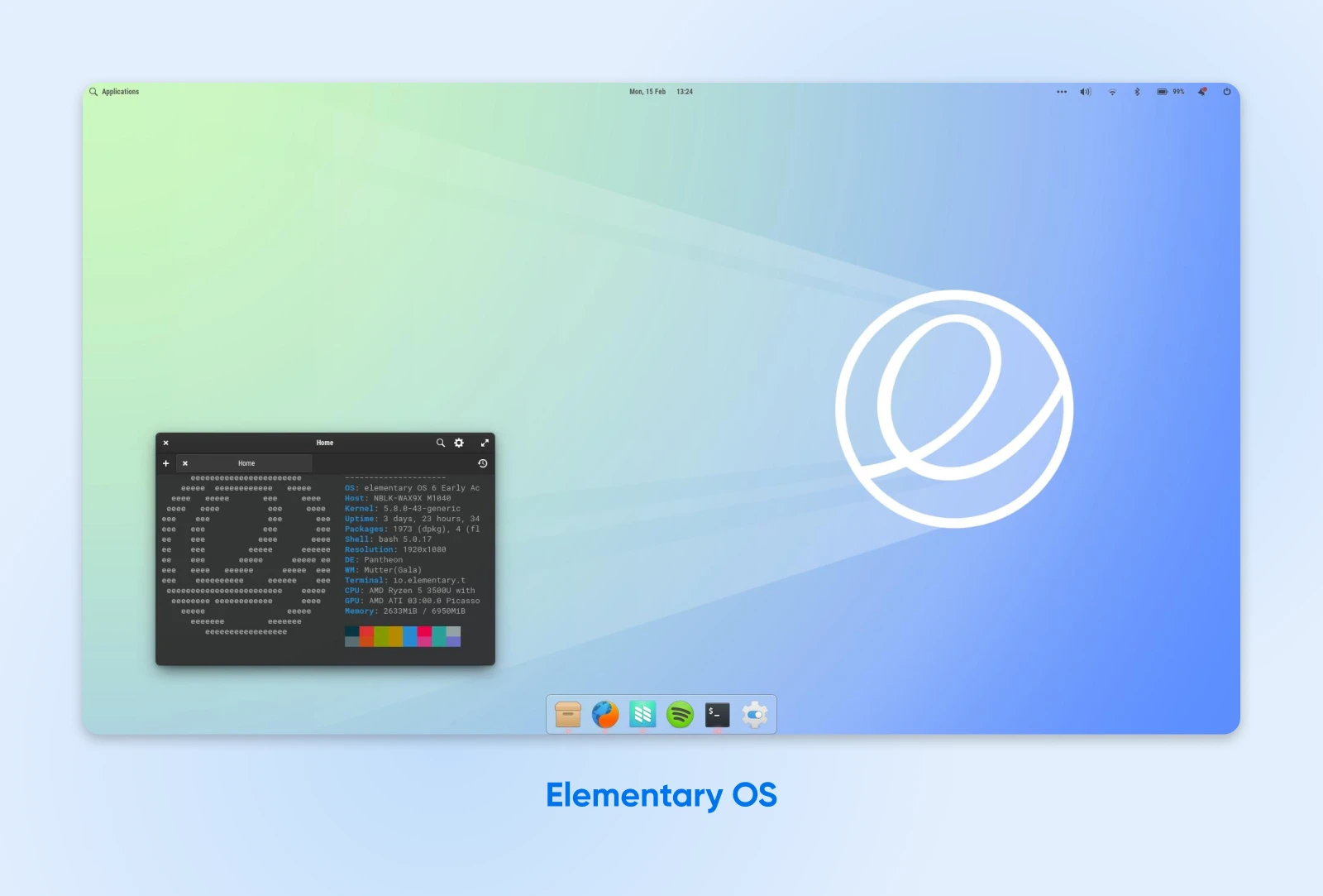 Elementary OS desktop showing terminal window with code and app icons on a blue gradient background.