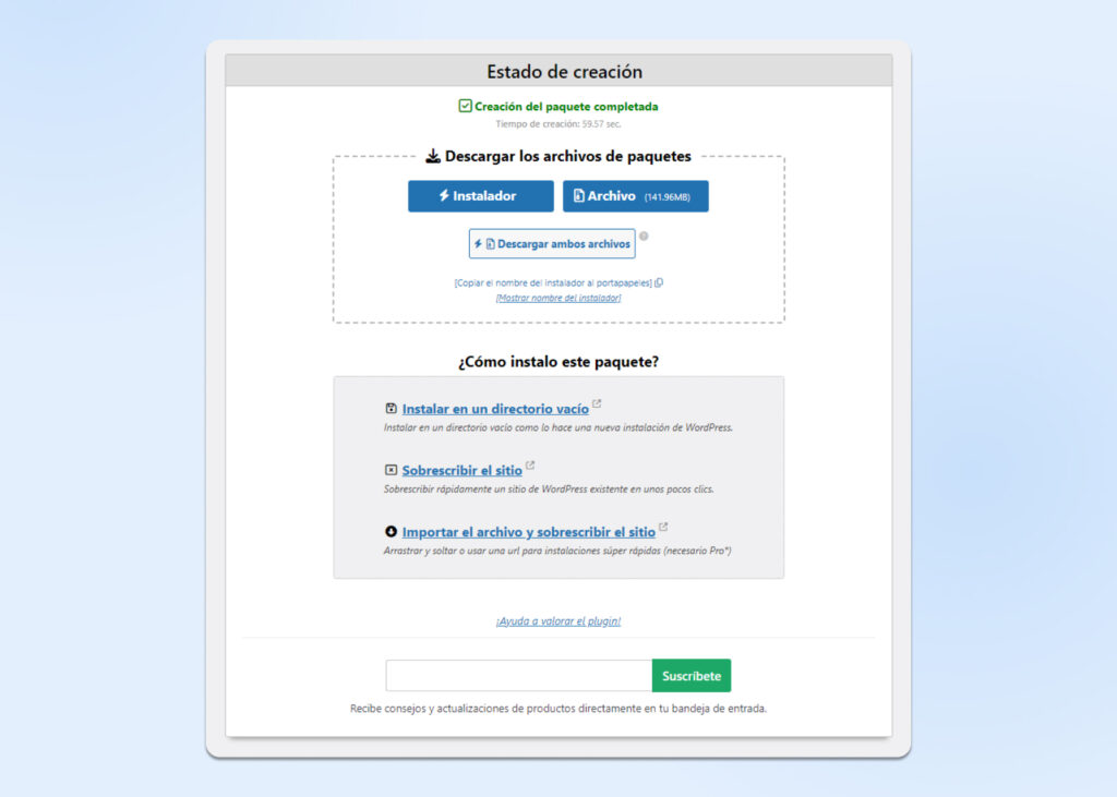 Descargando paquetes de migración de un sitio web