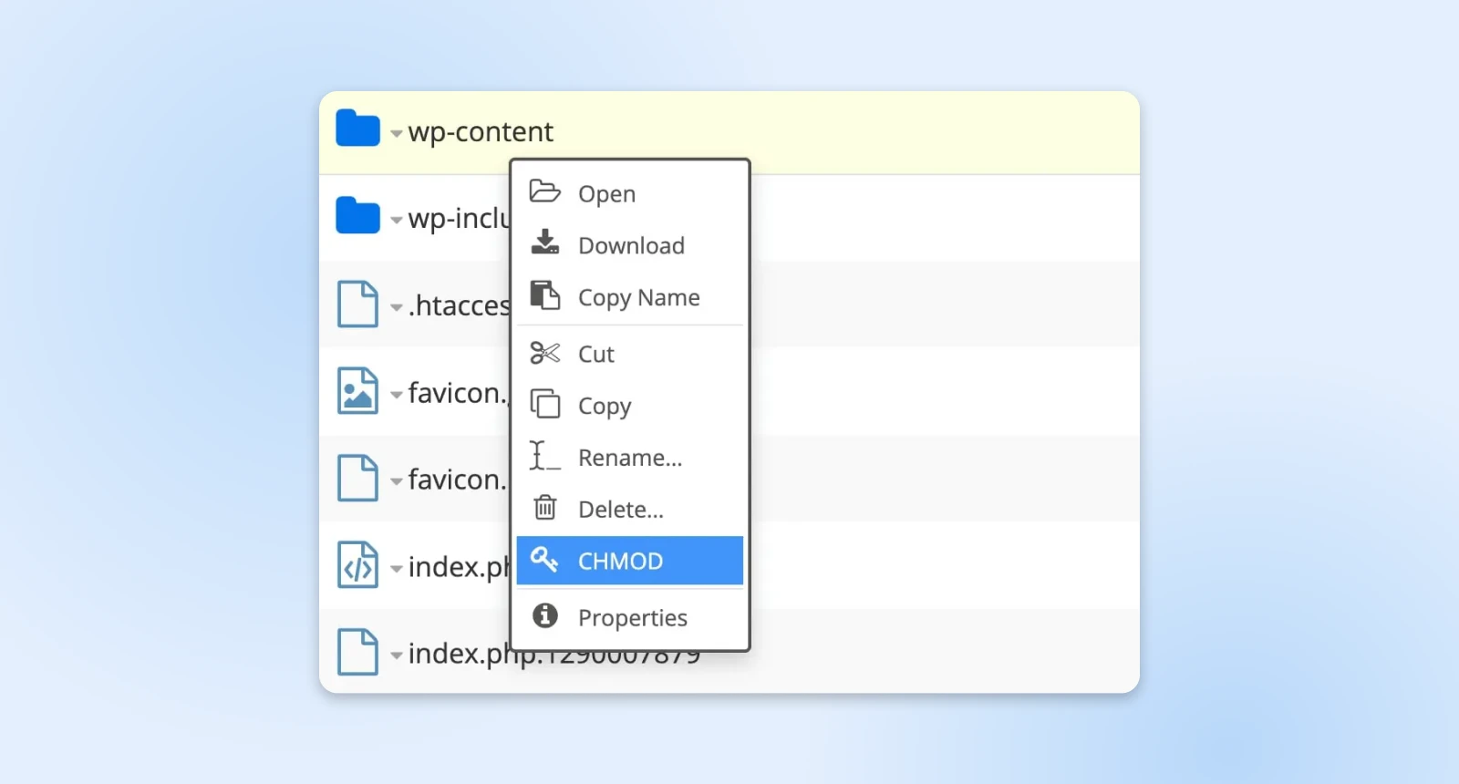 Menu with options to open, download, copy, rename, delete, etc.. CHMOD selected under wp-content.