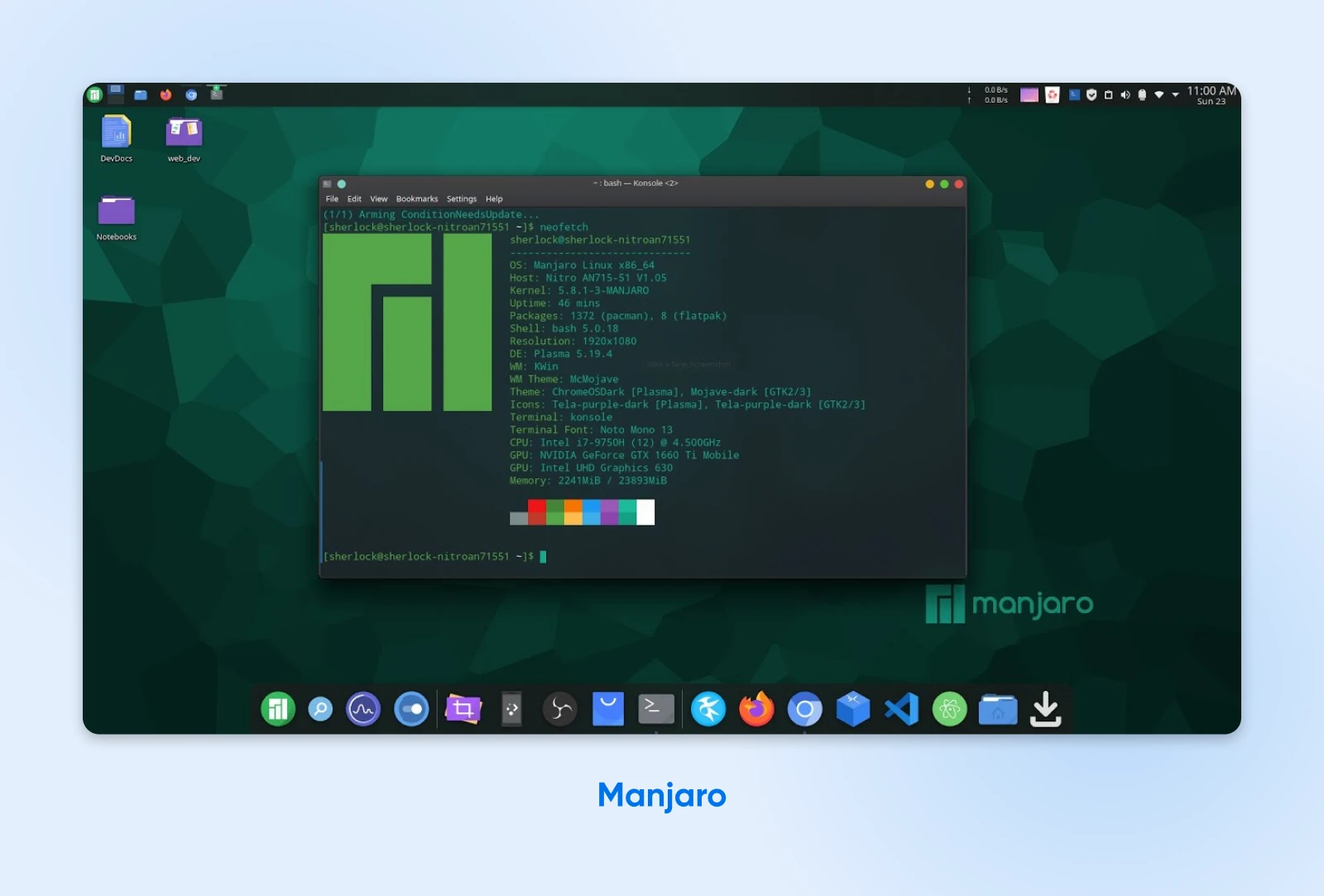 A Manjaro Linux desktop showing system information and specifications in the terminal window on a green background.