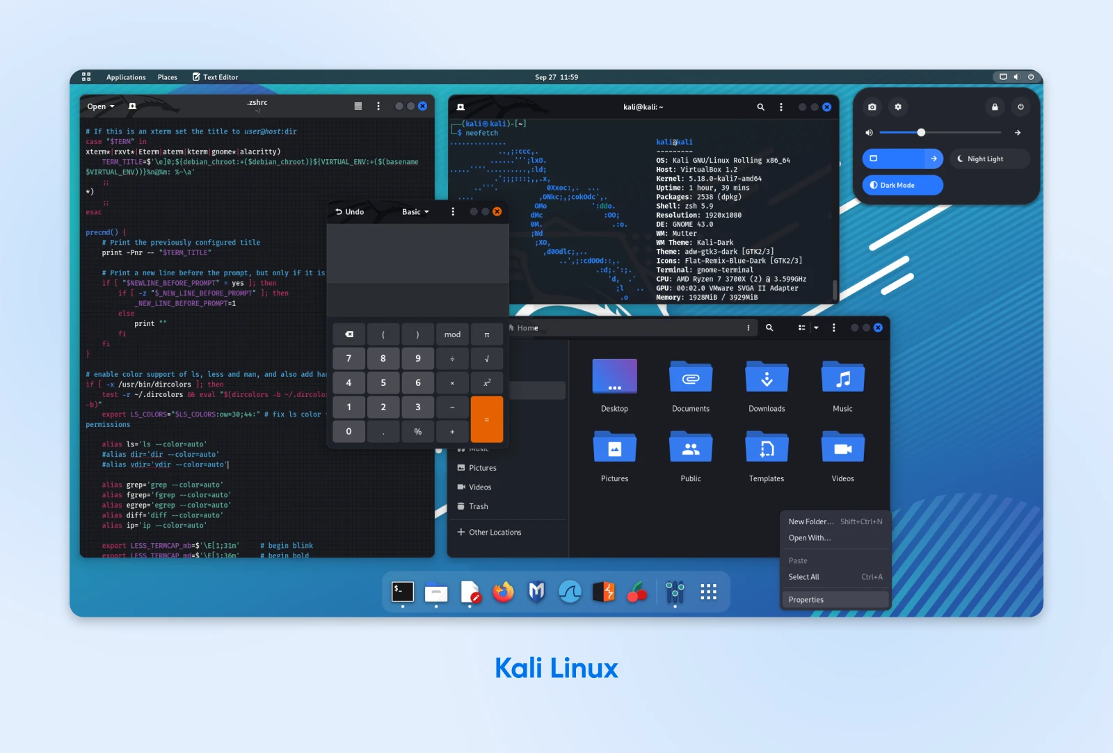 The KDE desktop environment on Kali Linux, with a code editor, file manager, calculator and terminal open.