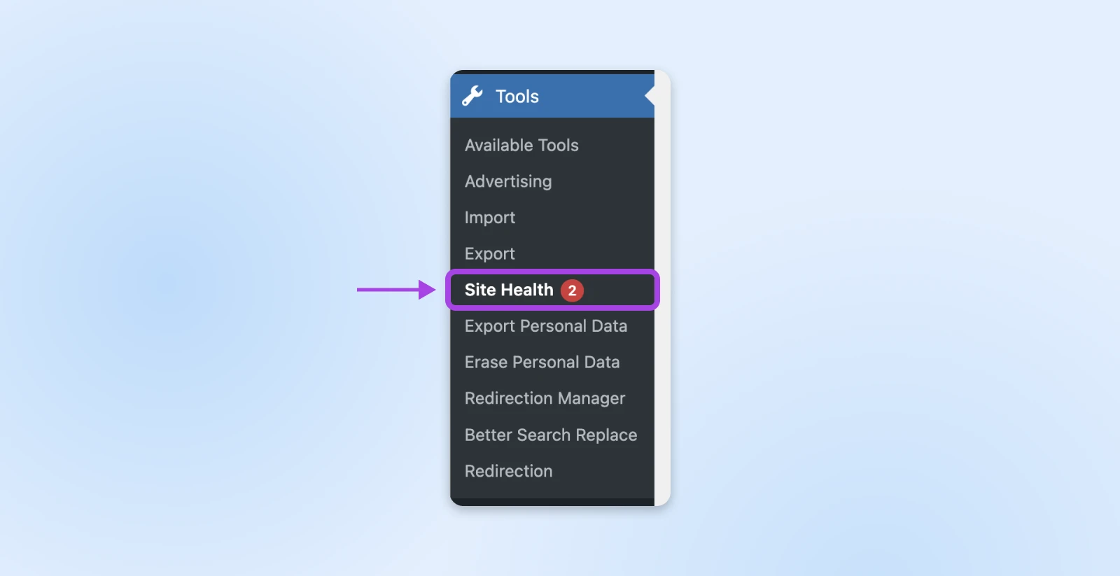 WordPress "Tools" menu with the "Site Health" option highlighted from the drop-down menu.