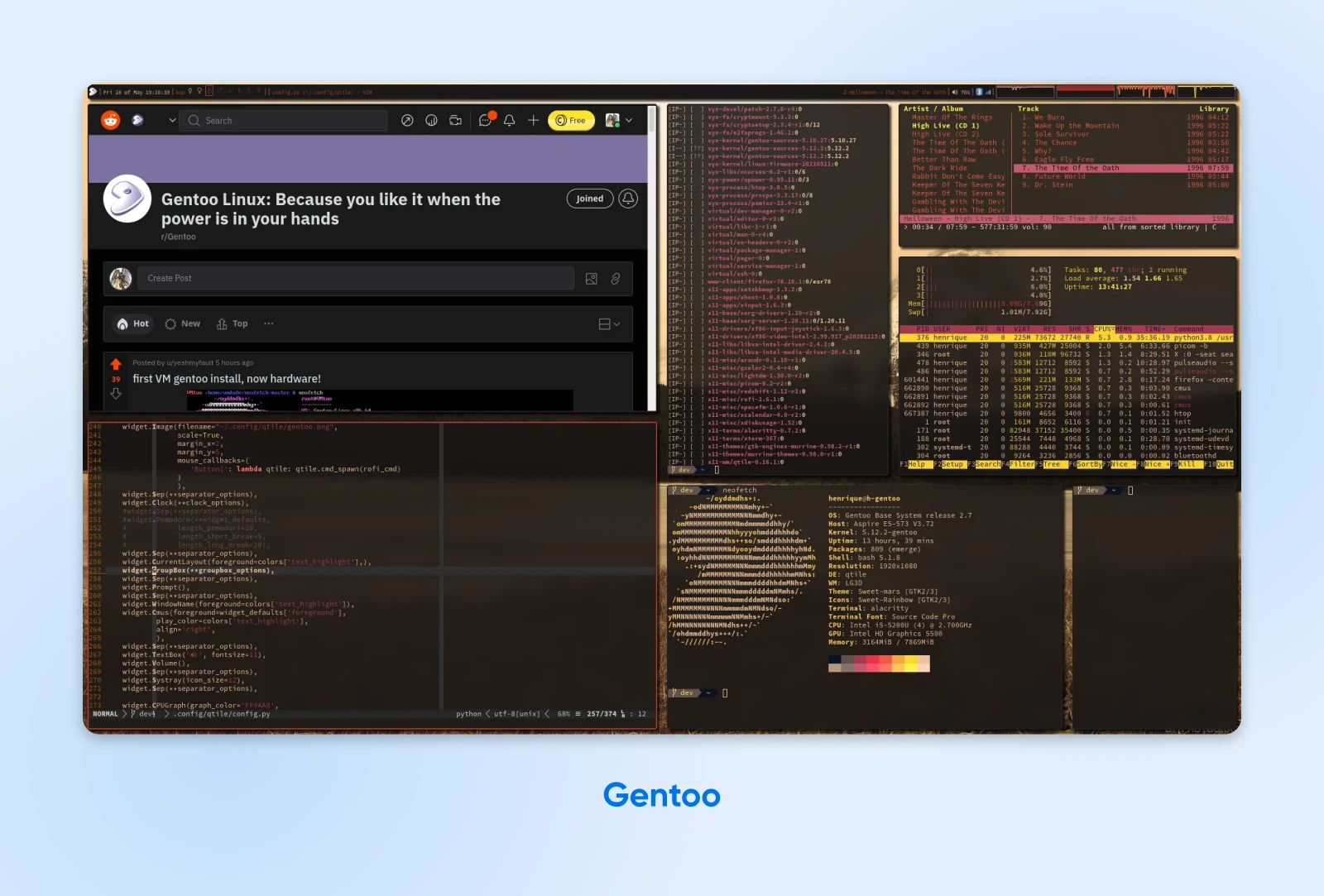 The GNOME desktop on Gentoo Linux with a terminal showing code output and system information.