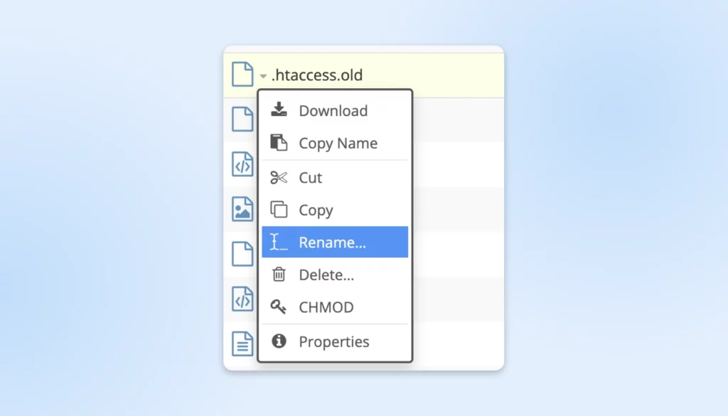 File menu with options to download, cut, copy, rename etc., and view properties for a .htaccess.old file. "Rename" selected.