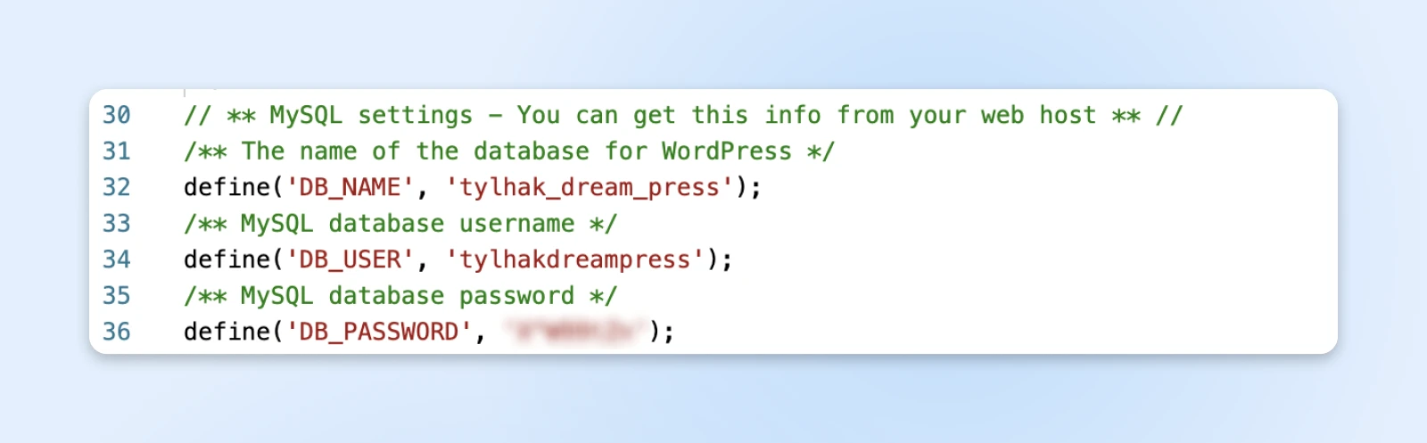 WordPress database configuration code with variable definitions for database name, username, and password.