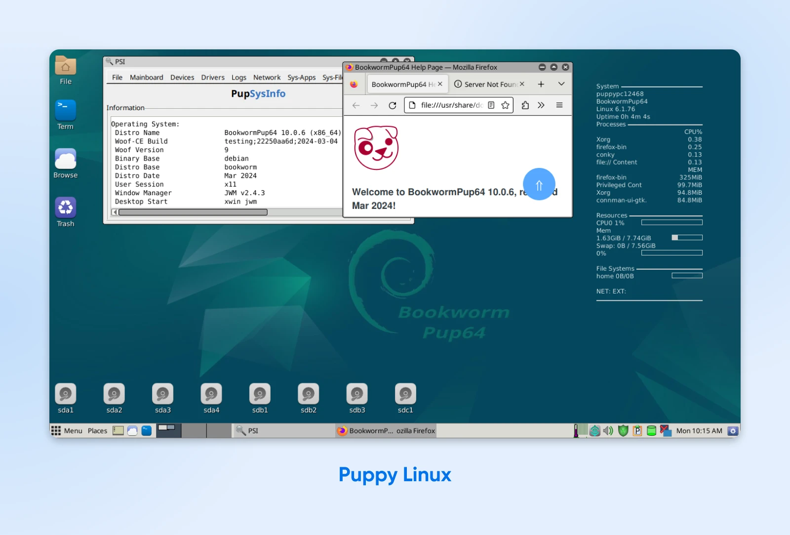 A desktop screen showing the Puppy Linux operating system displaying system information and a cute puppy icon.