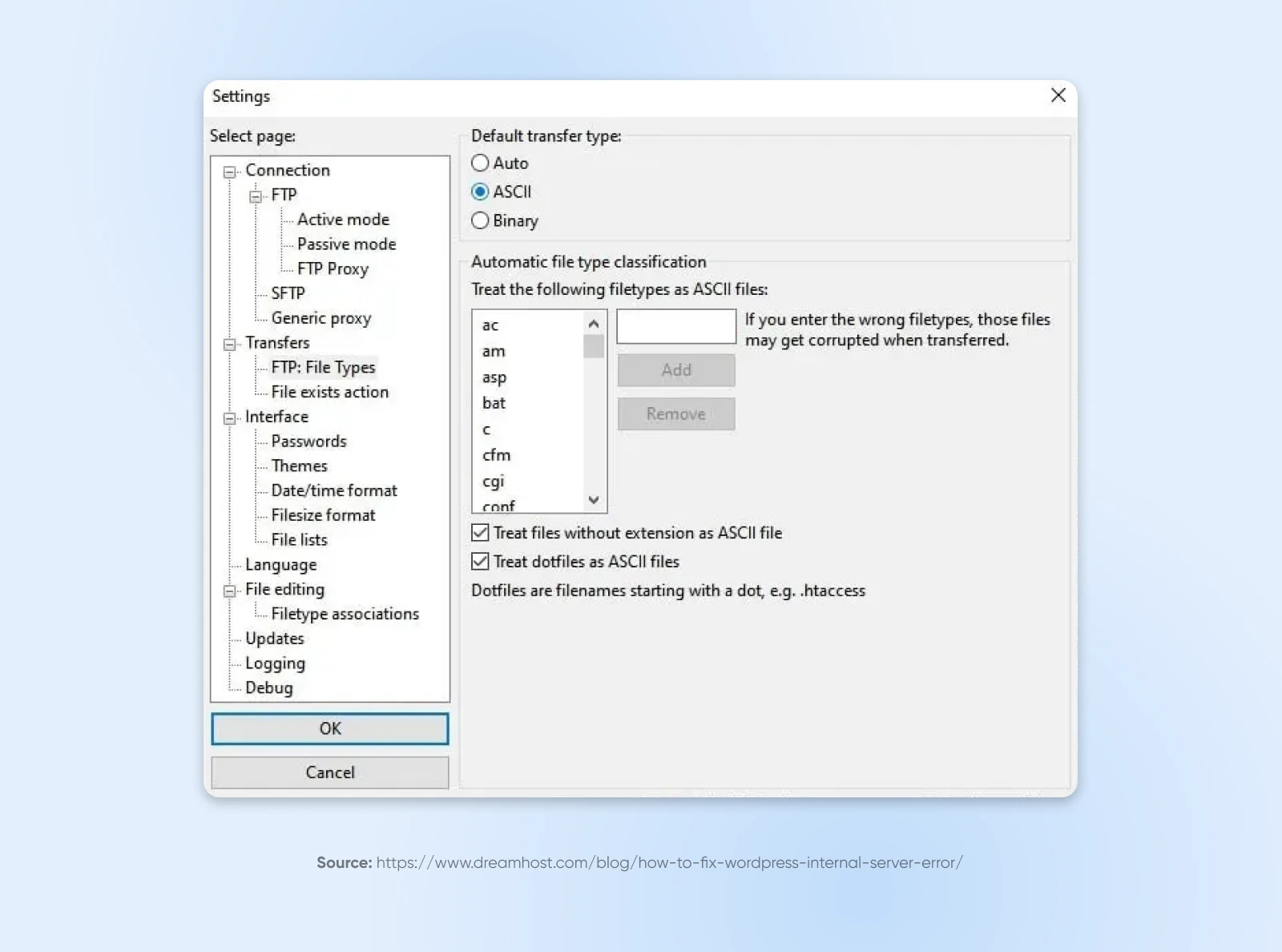 Settings window for FTP transfer. Under "Default transfer type," ACSII is checked. 