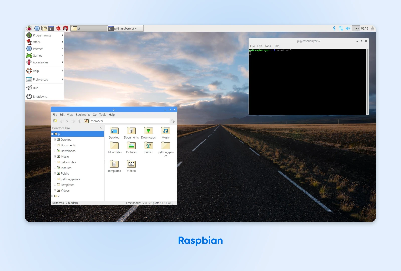 Raspbian desktop showing the file explorer with folders like Documents, Downloads, and Python games on a road wallpaper.