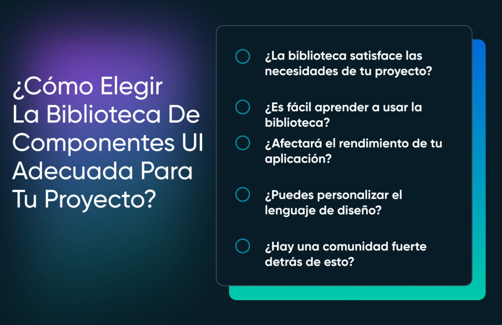 Infografía sobre la elección de la biblioteca de componentes de UI, que enumera cinco preguntas clave a tener en cuenta sobre el fondo degradado oscuro.