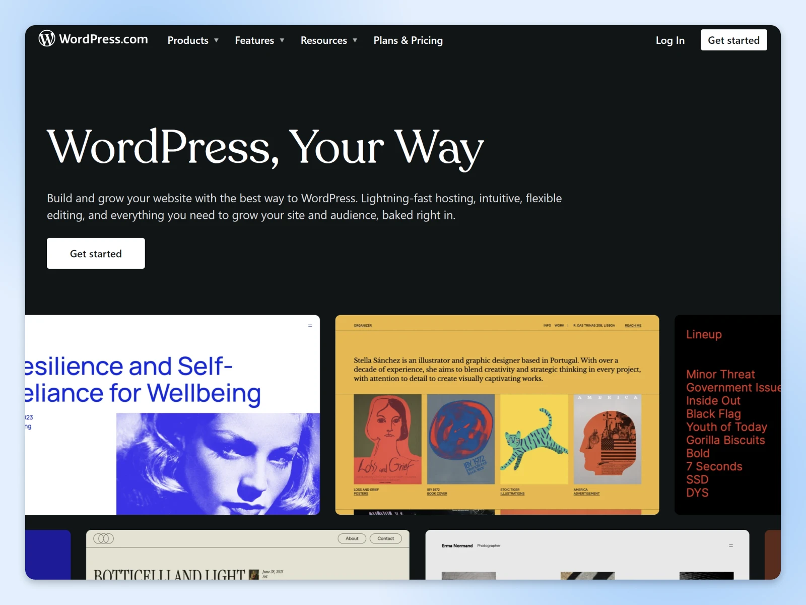 WordPress.com homepage featuring "WordPress, Your Way" slogan and showcasing various website designs and templates.