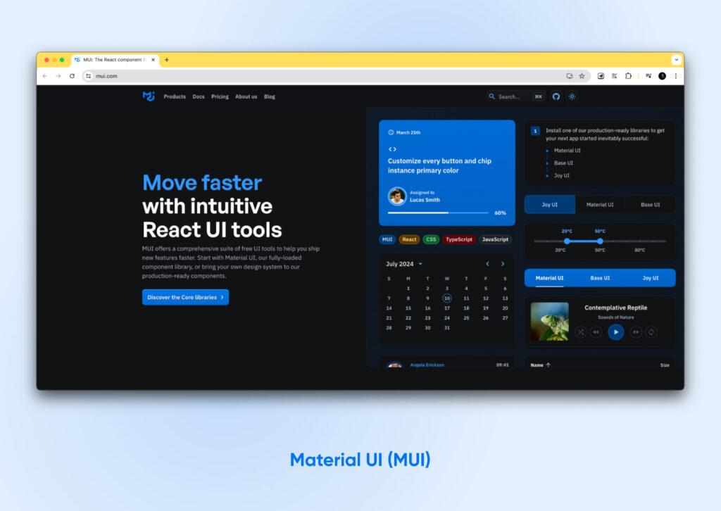 Página de inicio del sitio MUI, un marco de interfaz de usuario React, que muestra herramientas para crear interfaces de usuario intuitivas con componentes personalizables.