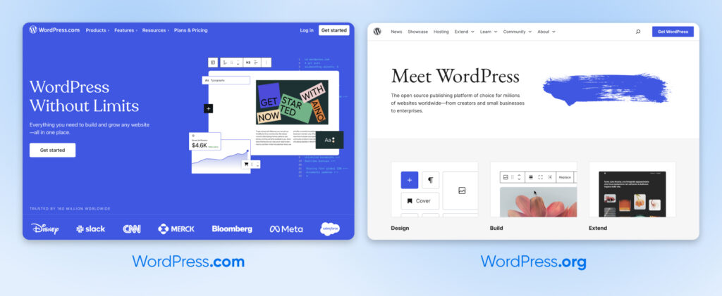 Comparación de las páginas de inicio de WordPress.com y WordPress.org