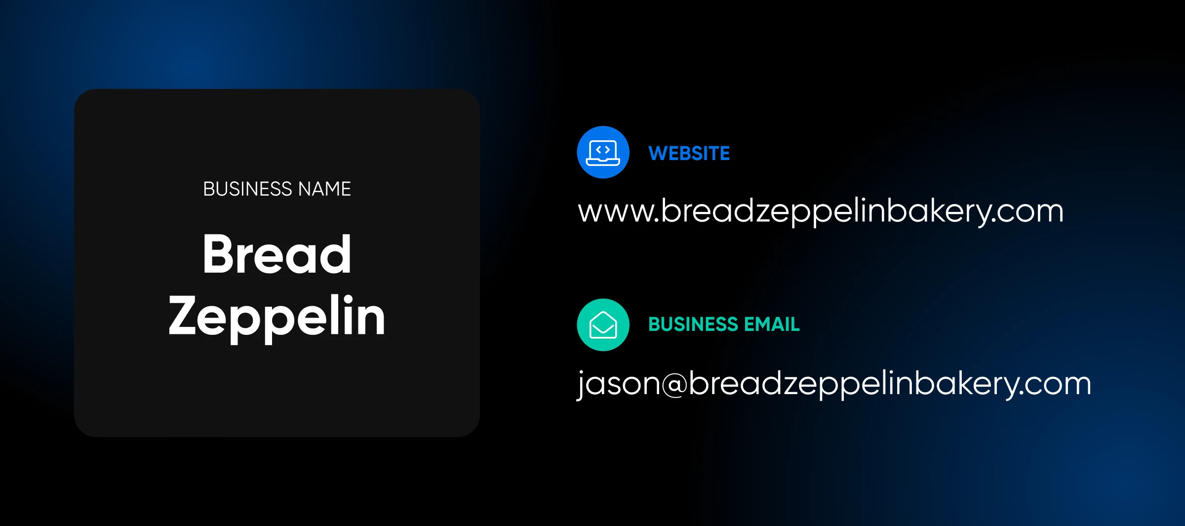 Business contact details for "Bread Zeppelin" bakery, showing website and email contact information.