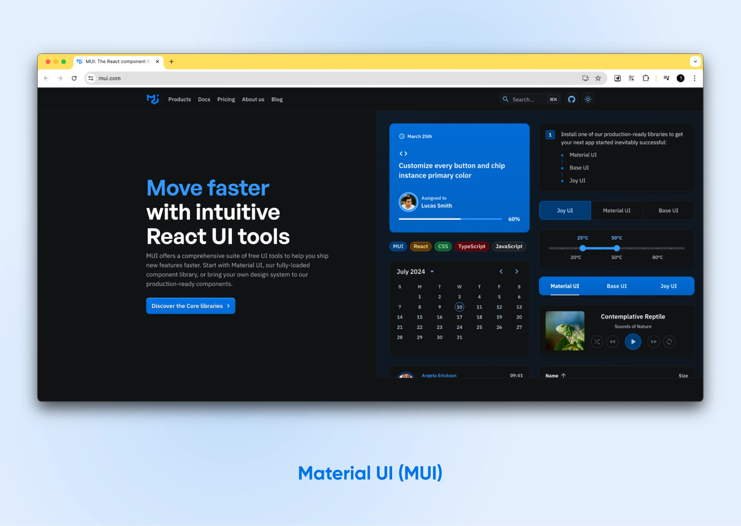 MUI site homepage, a React UI framework, showing tools for building intuitive user interfaces with customizable components.