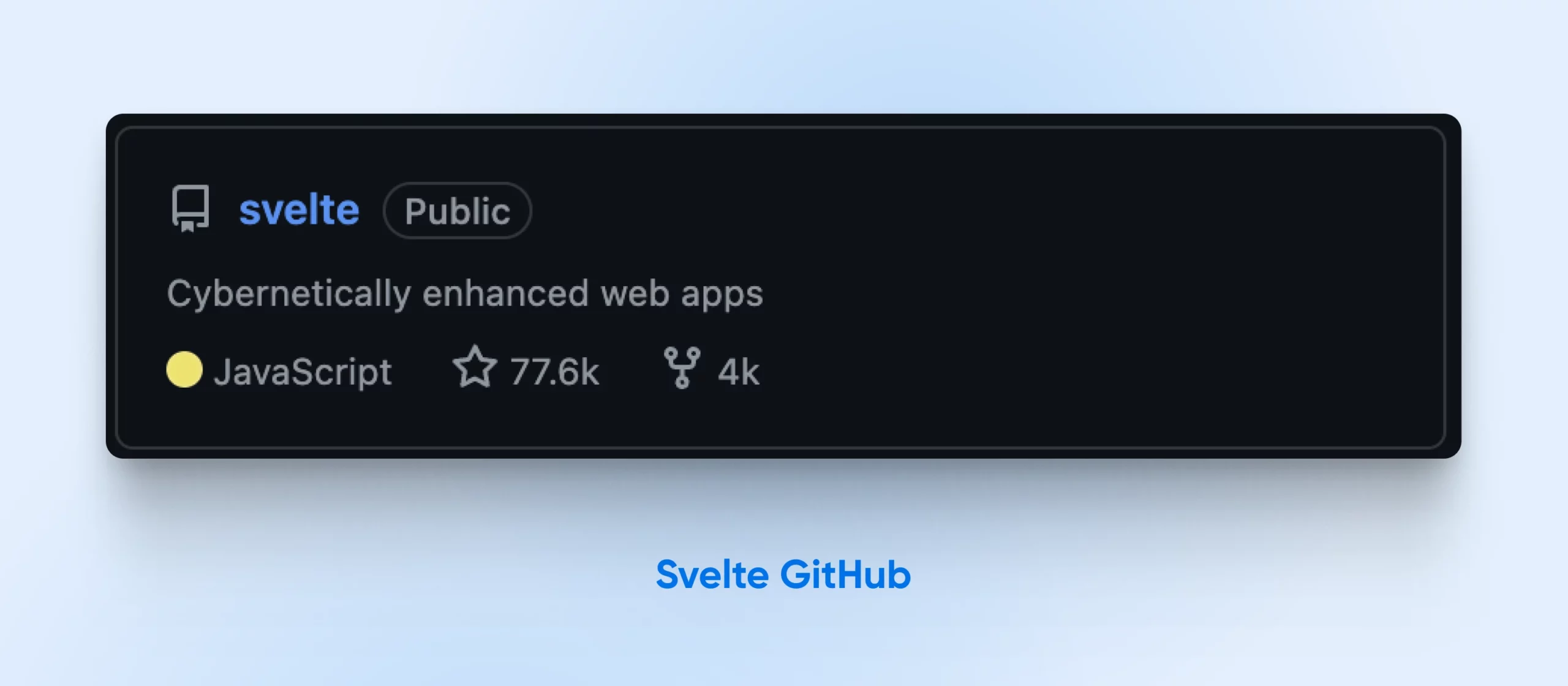 Svelte appears on GitHub with the tagline "Cybernetically enhanced web apps"