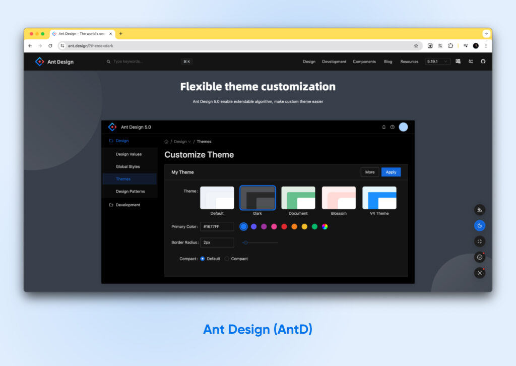 Captura de pantalla del sitio web de Ant Design, un sistema de diseño integral y flexible para crear interfaces de usuario personalizables.