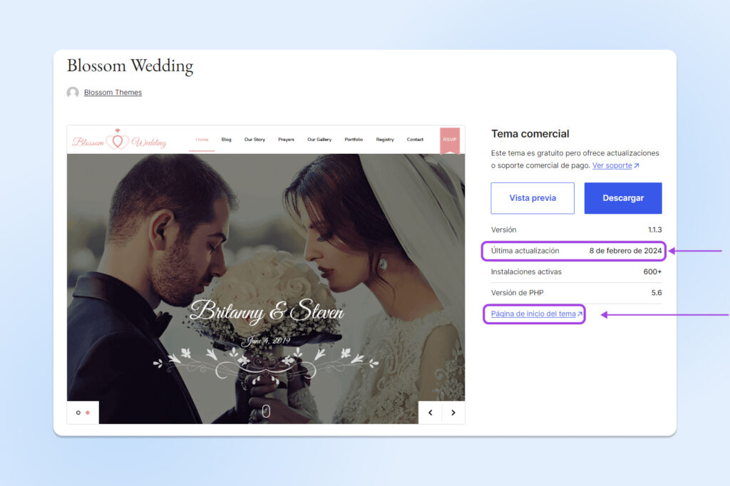 Página del tema 'Blossom Wedding' de WordPress. Destacados: enlaces a 'Última actualización' y 'Página de inicio del tema'.