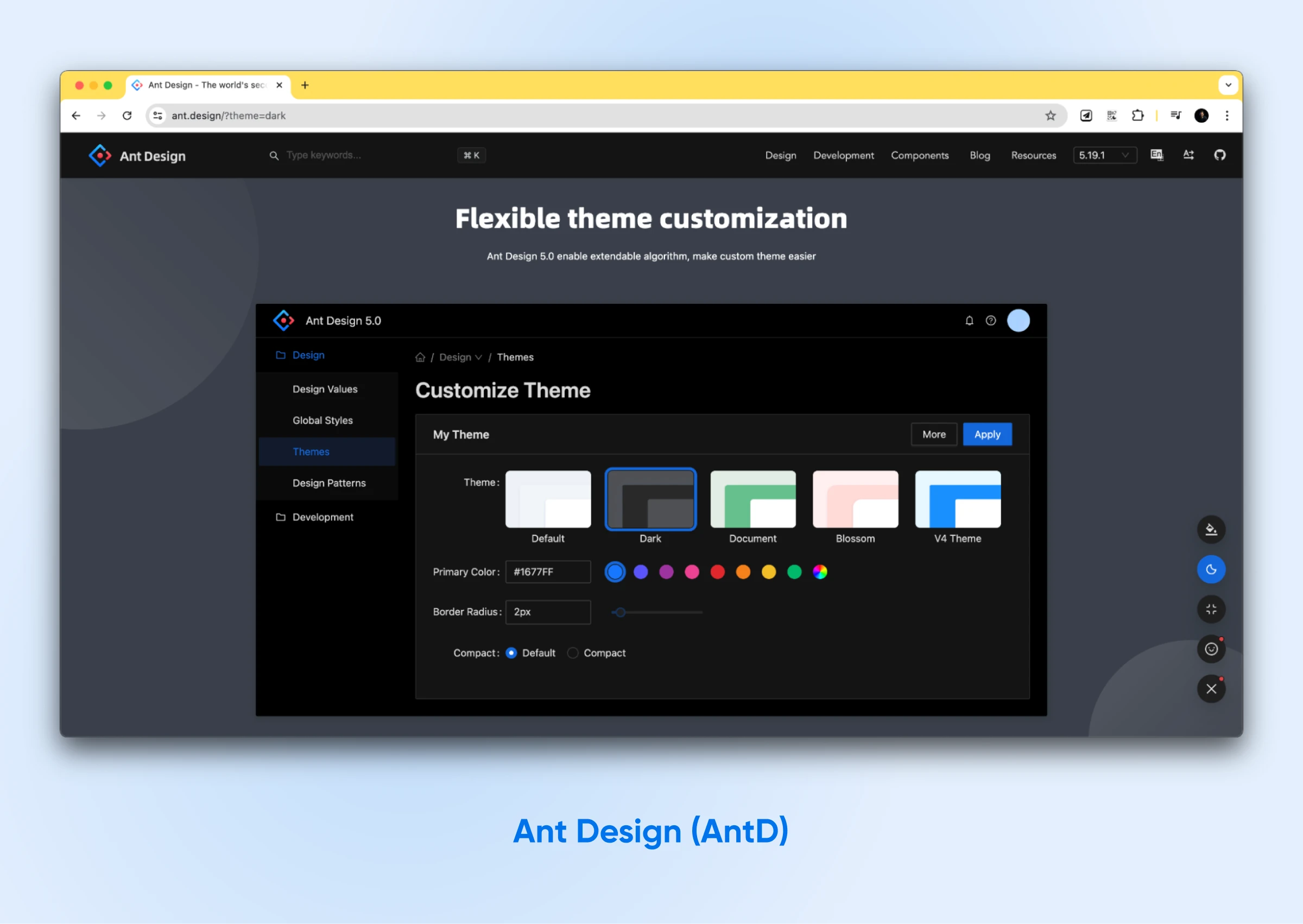 Ant Design website screenshot, a comprehensive and flexible design system for building customizable user interfaces. 