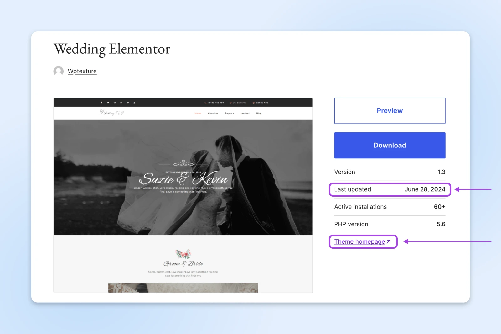 WordPress 'Wedding Elementor' theme page. Highlighted: 'Last updated' and 'Theme homepage' links.