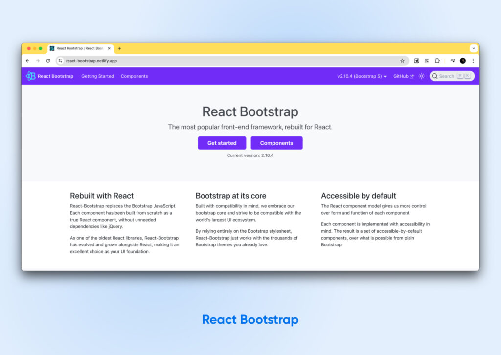 Captura de pantalla de la página de inicio de React Bootstrap, una popular biblioteca de interfaz de usuario de React que proporciona componentes Bootstrap reconstruidos para React.