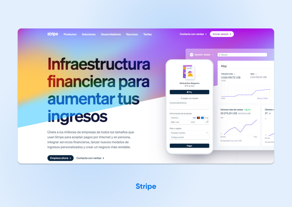 El título de la página de inicio de Stripe dice: "Infraestructura financiera para aumentar tus ingresos" sobre un degradado de colores.