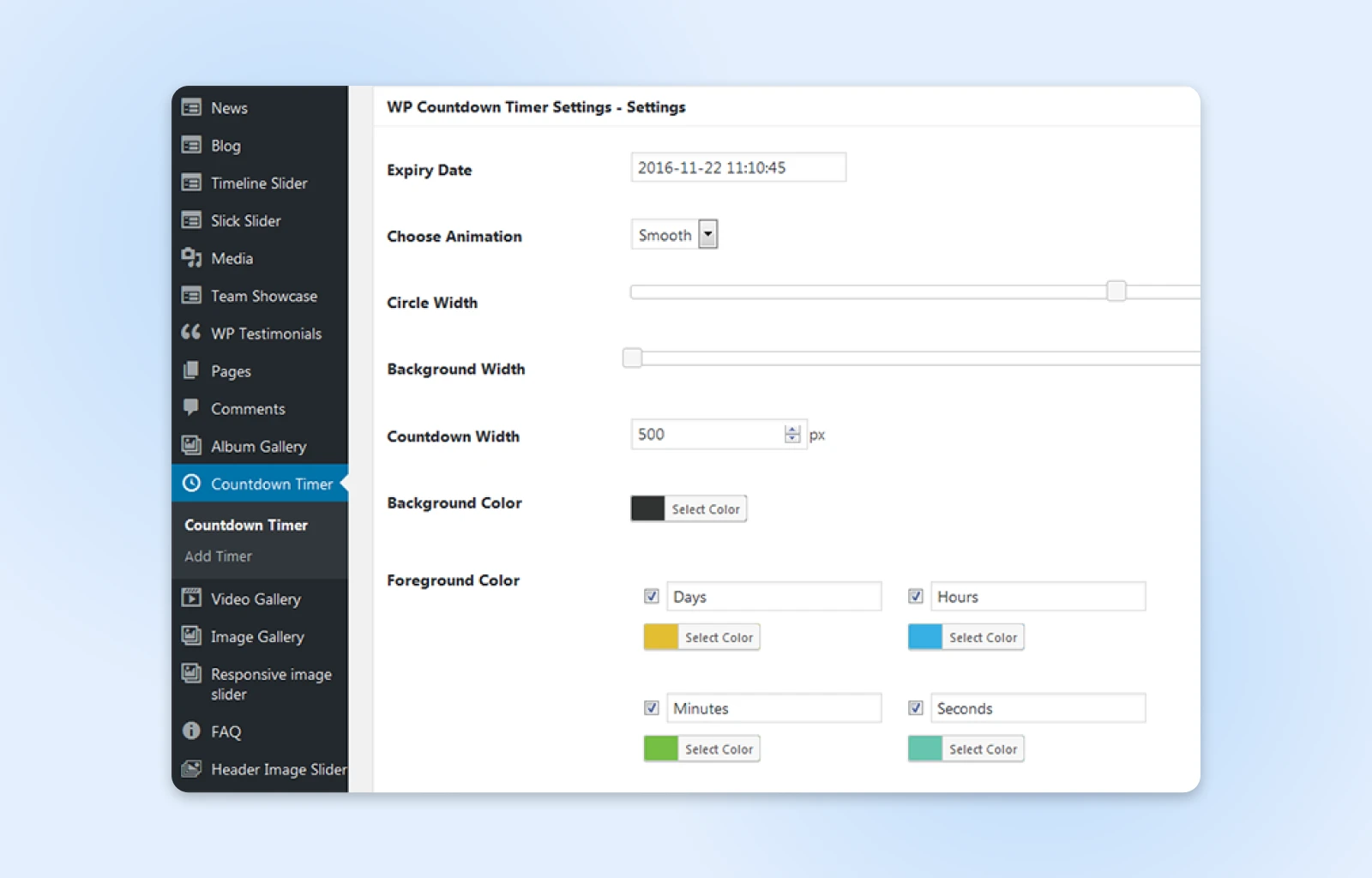 WordPress admin panel showing countdown timer plugin settings with options for expiry date, colors, and display.