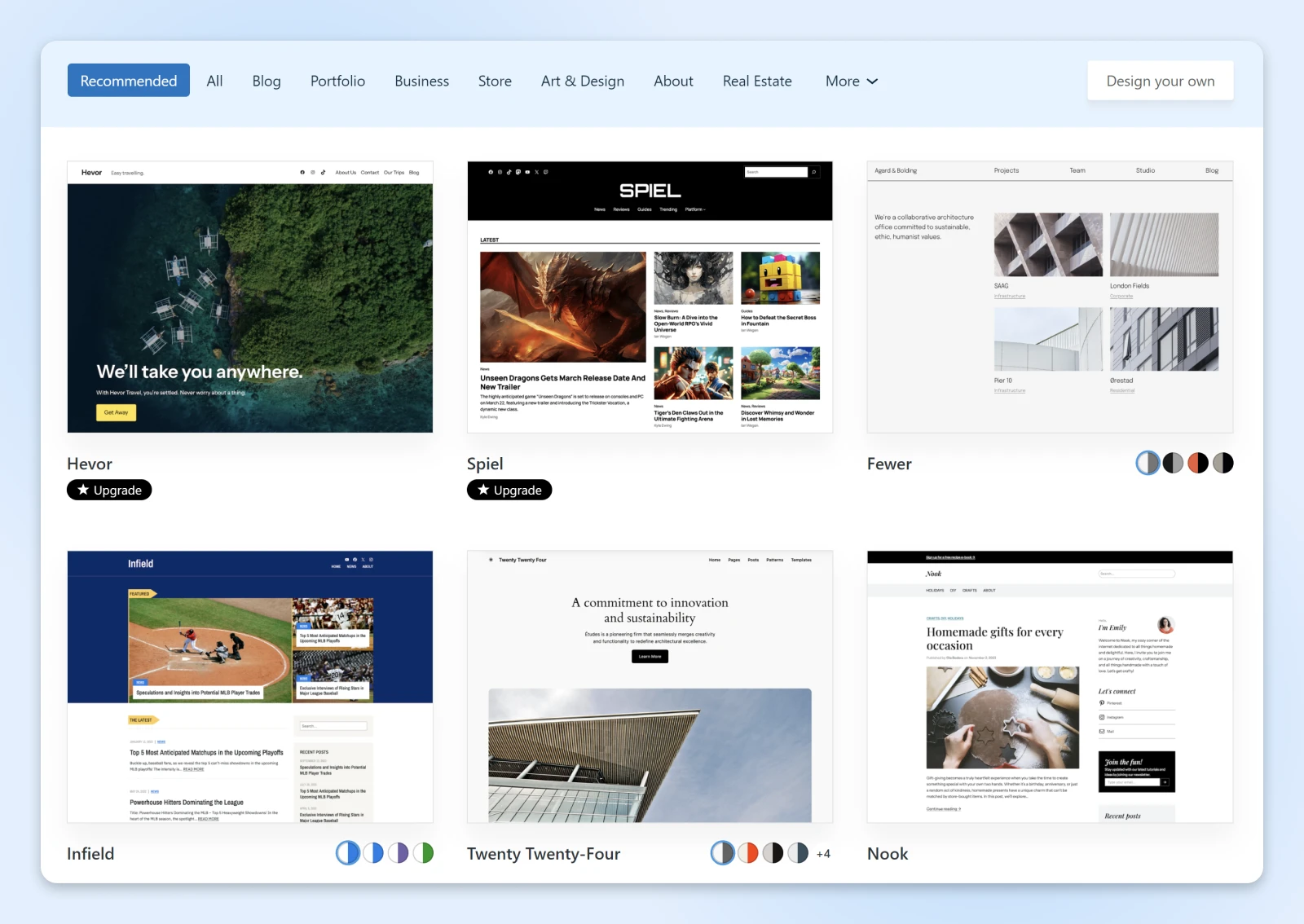 WordPress theme showcase displaying various website templates. "Upgrade" buttons visible beneath Hevor and Spiel themes.