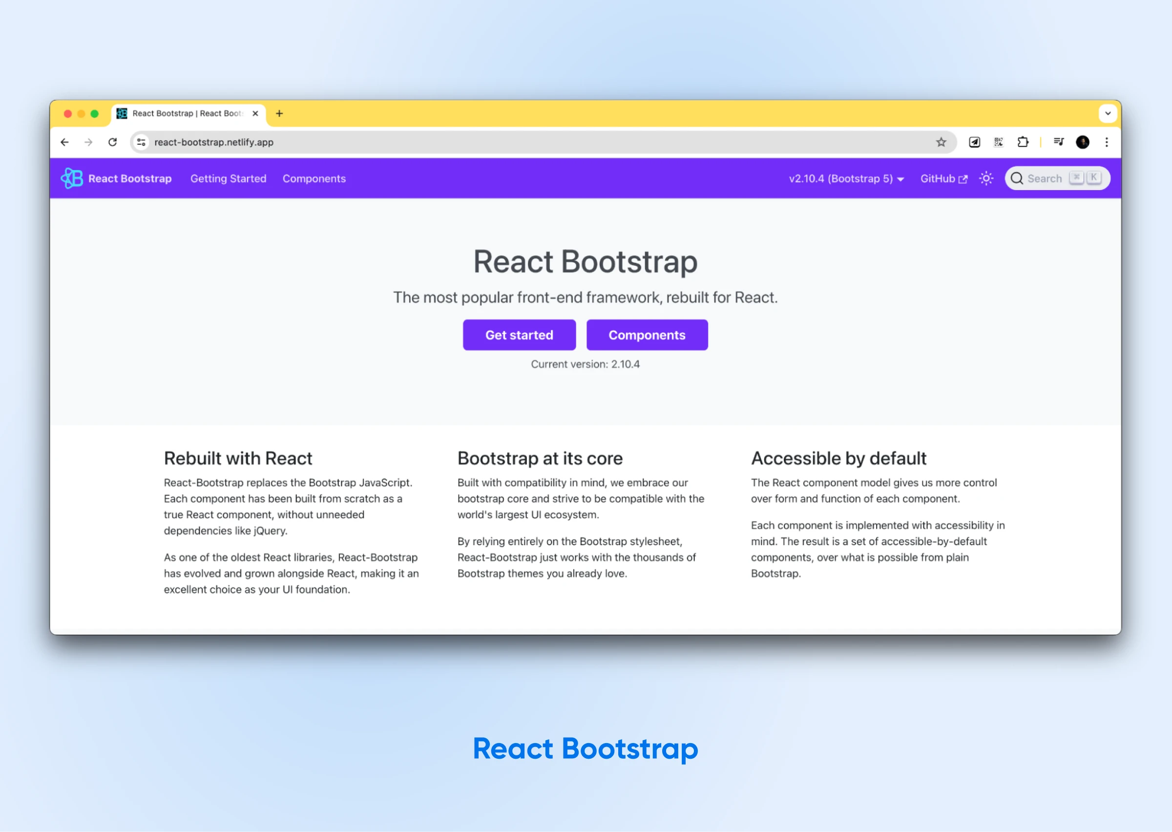 React Bootstrap homepage screenshot, a popular React UI library providing Bootstrap components rebuilt for React.