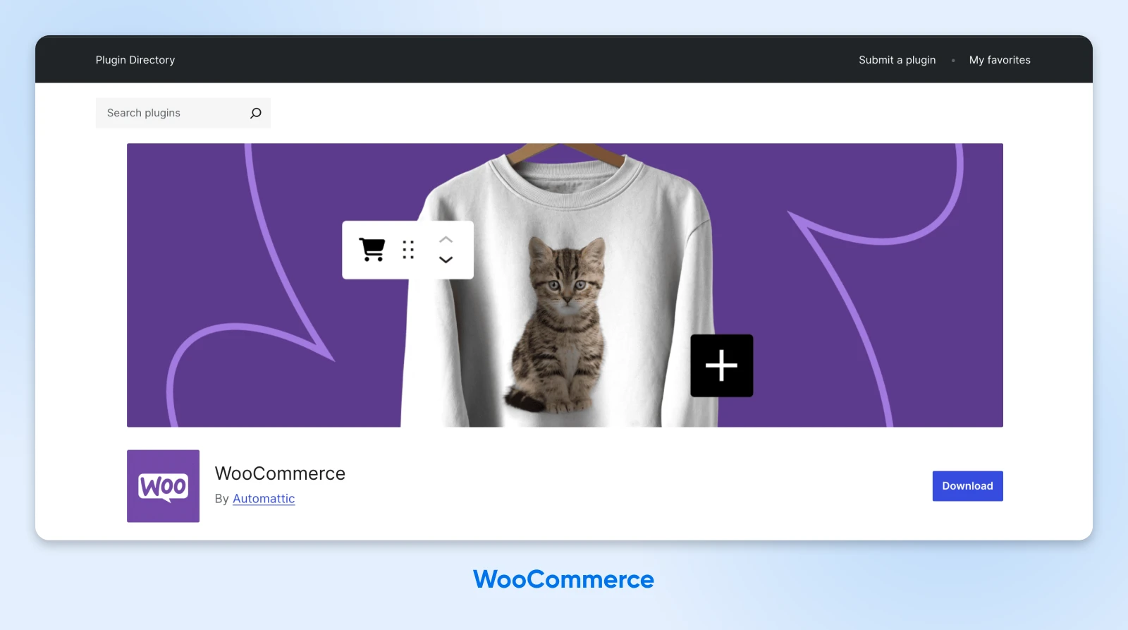 The WooCommerce plugin in the WordPress Directory shows a purple banner with a cat sweatshirt