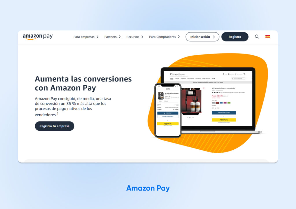 El título de la página de inicio de Amazon Pay dice: "Aumente las conversiones con Amazon Pay".