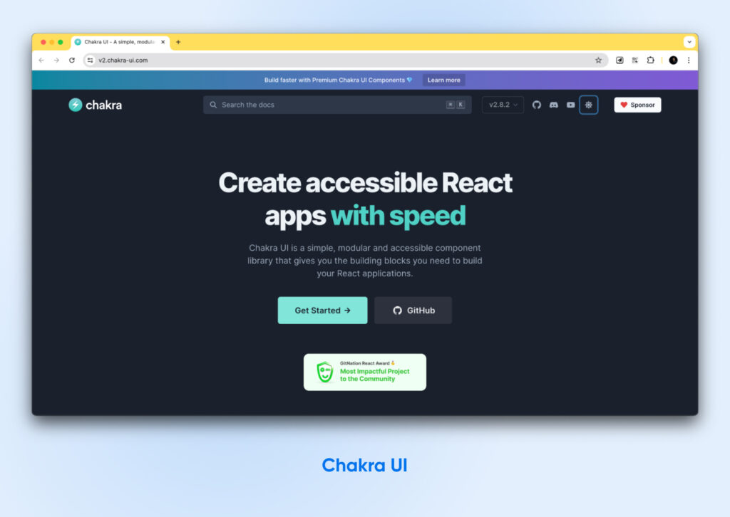 Captura de pantalla de la página de inicio del sitio web de Chakra UI, que muestra su biblioteca de componentes React para crear aplicaciones accesibles.