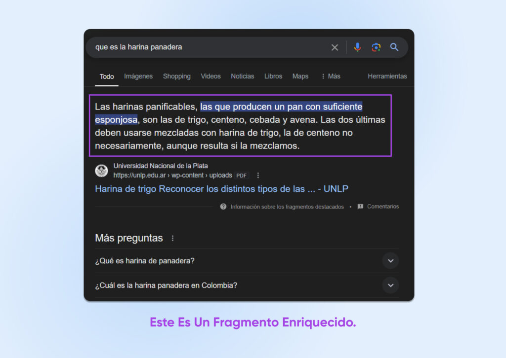 Resultado de búsqueda de Google con fragmento enriquecido. Texto en la barra de búsqueda: "¿Qué es la harina de pan?"