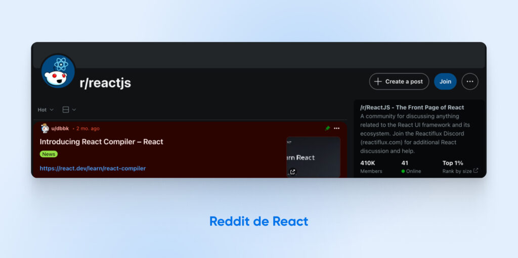 Se muestra el subreddit r/reactjs. Tiene 410 000 miembros.