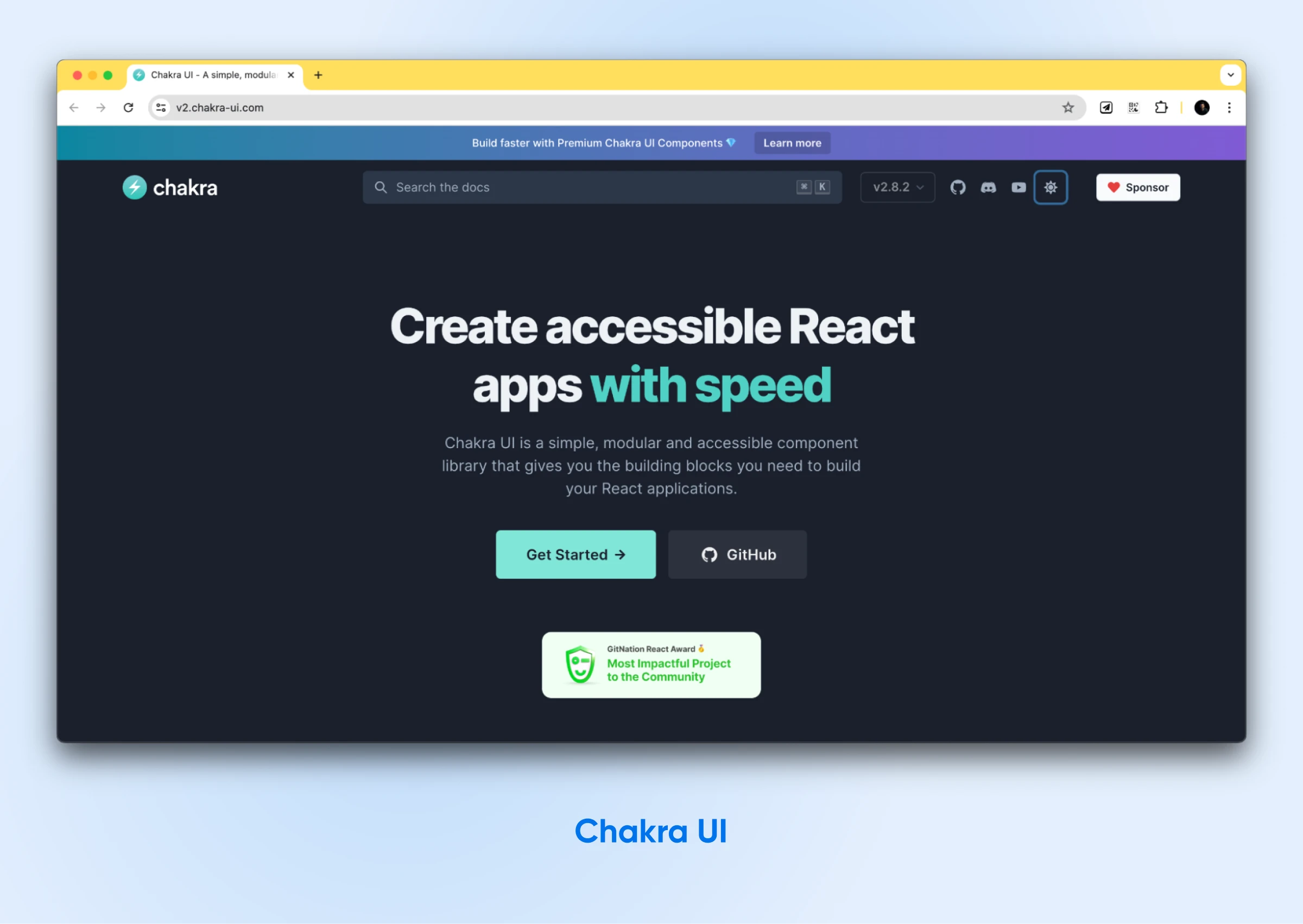 Chakra UI website homepage screenshot, showcasing its React component library for building accessible apps.