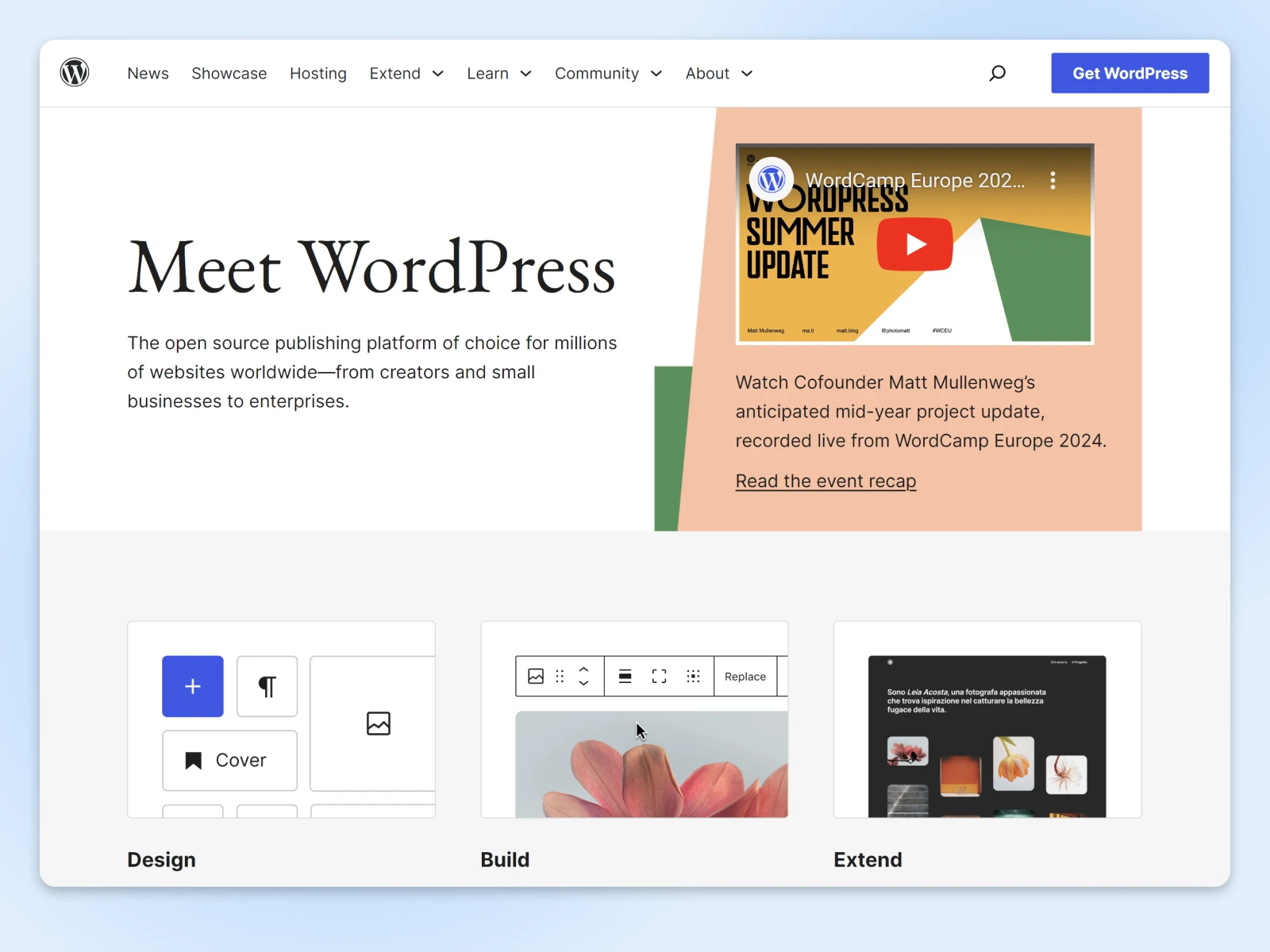 WordPress.org homepage with headline "Meet WordPress" and options to get started designing and building a site.