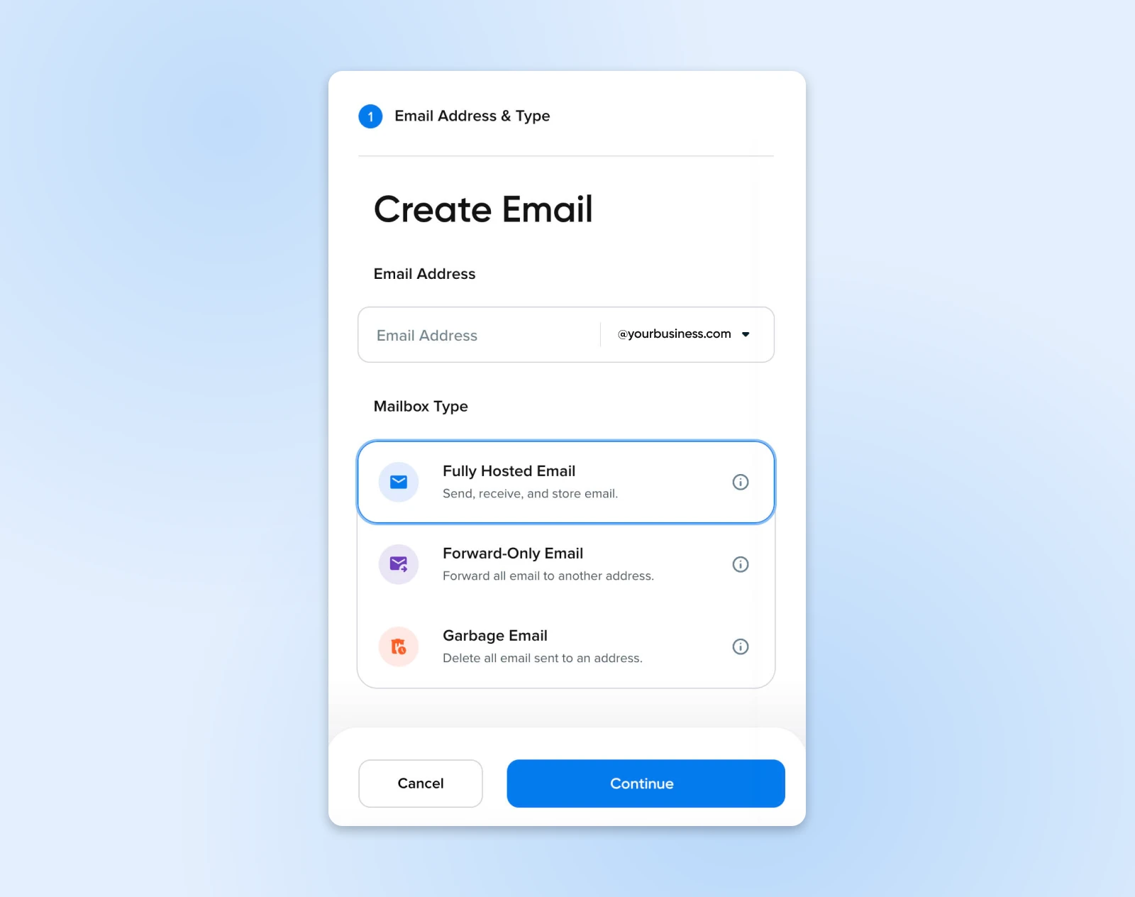 User interface for creating a custom email, with options for address and mailbox type like fully hosted or forward-only.