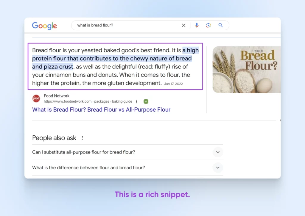 Google search result with rich snippet. Text in the search bar: "what is bread flour?" 